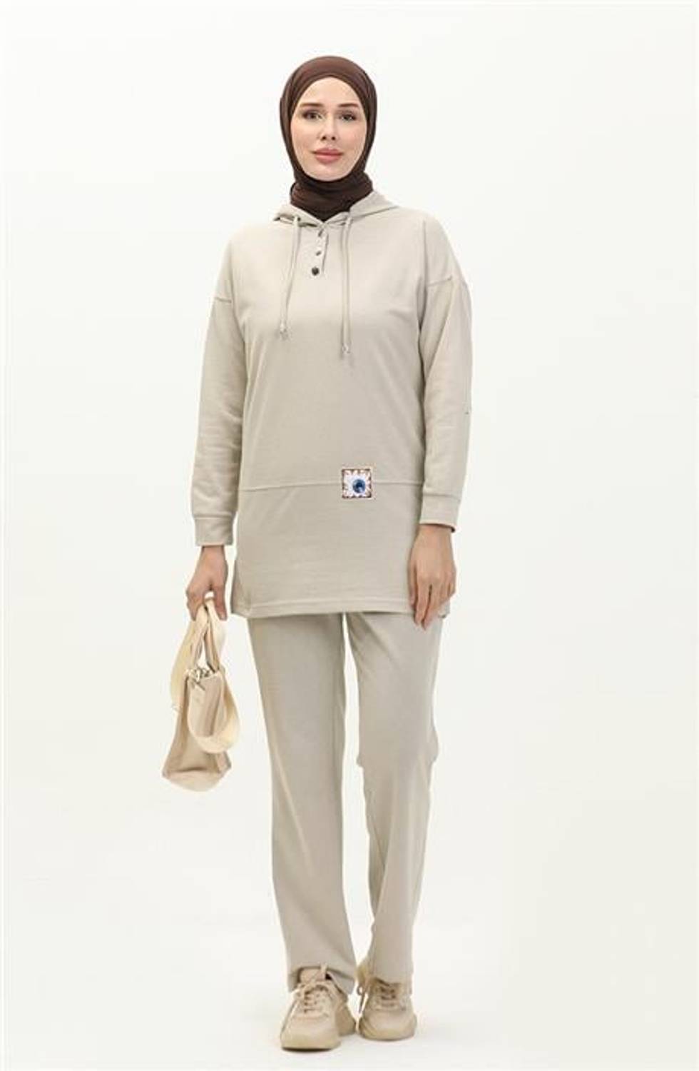 Kapşonlu Çıtçıtlı Sade Basic İkili Eşofman Spor Takımı - 03036.027 - Ekru