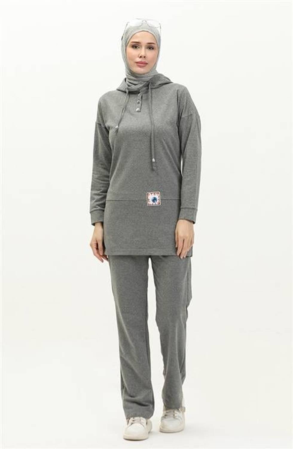 Kapşonlu Çıtçıtlı Sade Basic İkili Eşofman Spor Takımı - 03036.017 - Antrasit