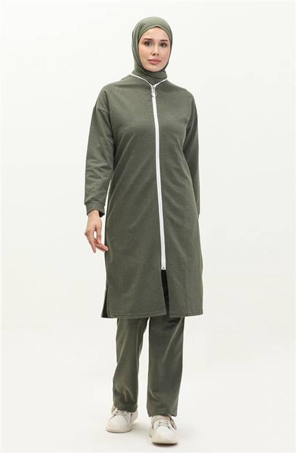 Bisiklet Yaka Fermuarlı Uzun Tunik Sade Basic Spor Takımı - 03044.005 - Haki