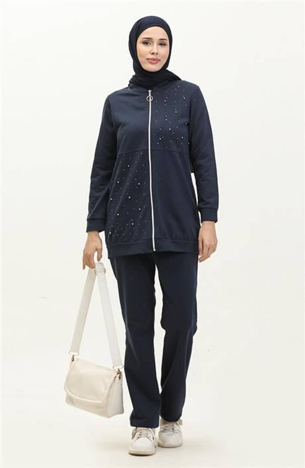Fermuarlı İnci ve Taş Detaylı İkili Sade Basic Eşofman Spor Takımı - 03038.015 - Lacivert