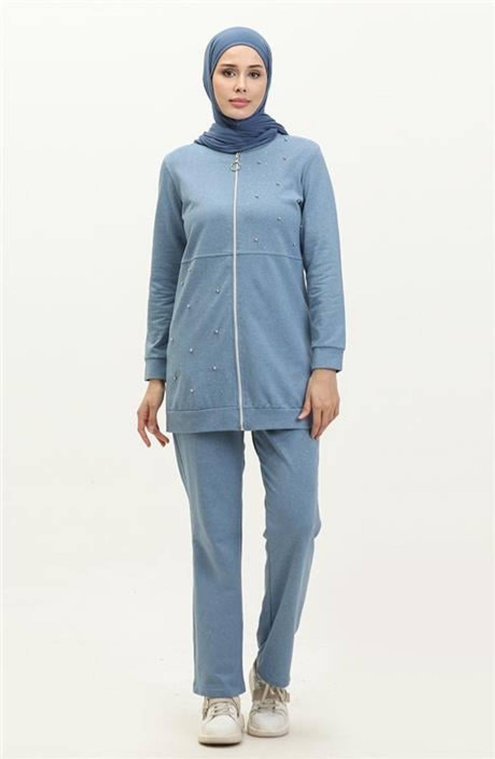 Fermuarlı İnci ve Taş Detaylı İkili Sade Basic Eşofman Spor Takımı - 03038.004 - Mavi