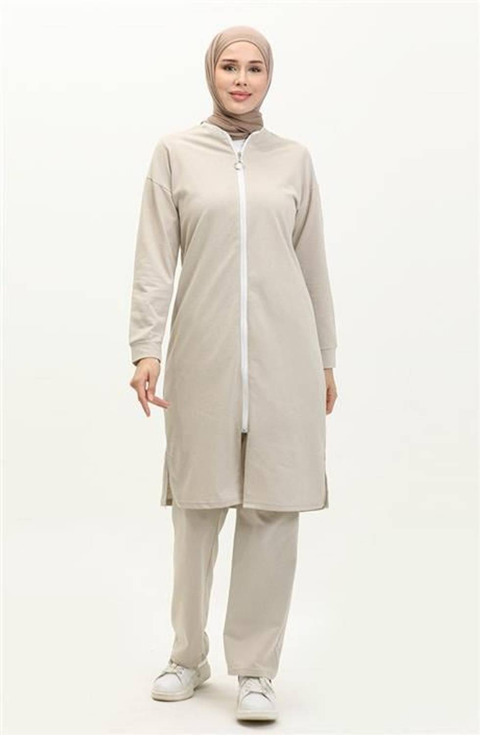 Bisiklet Yaka Fermuarlı Uzun Tunik Sade Basic Spor Takımı - 03044.027 - Ekru