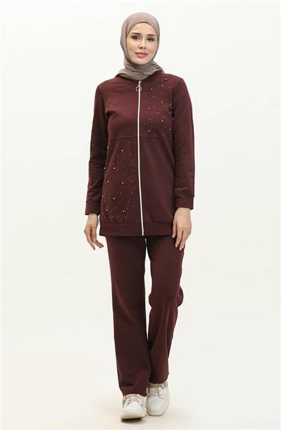 Fermuarlı İnci ve Taş Detaylı İkili Sade Basic Eşofman Spor Takımı - 03038.020 - Mürdüm