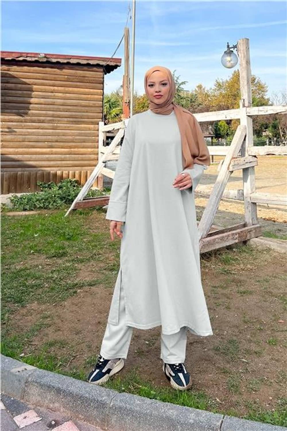 O Yaka Yırtmançlı Uzun Geniş Rahat Tunik Pantolon Sade Basic Spor Takımı - 03040.008 - Gri