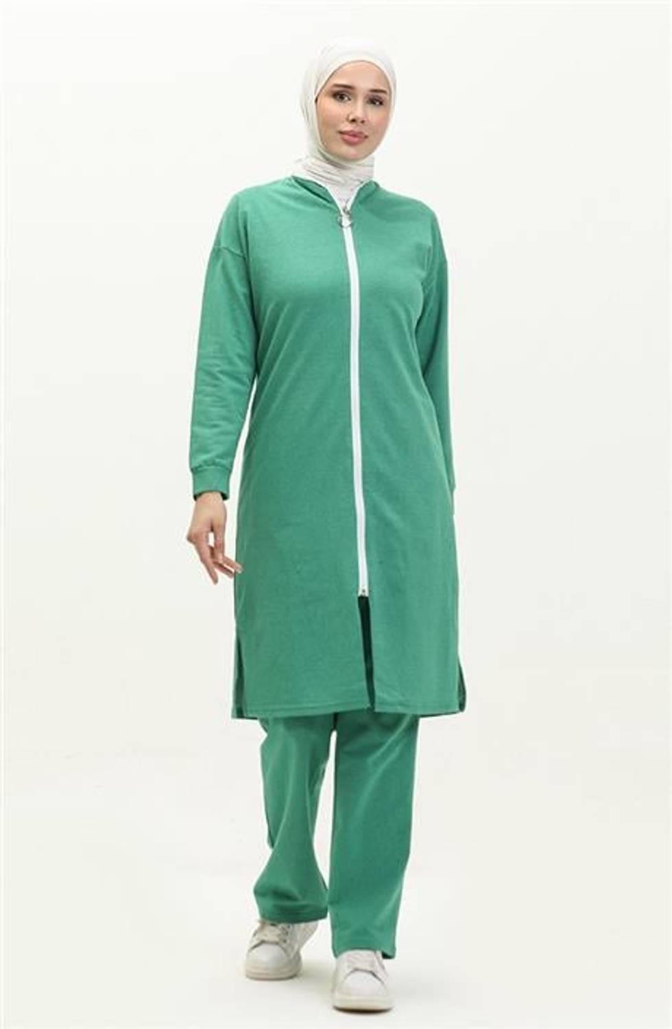 Bisiklet Yaka Fermuarlı Uzun Tunik Sade Basic Spor Takımı - 03044.111 - Benetton Yeşil