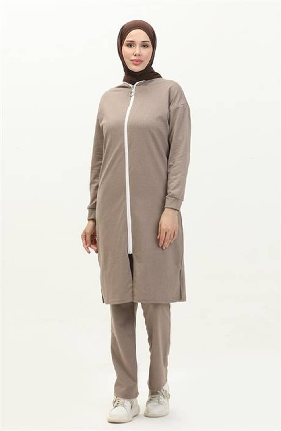 Bisiklet Yaka Fermuarlı Uzun Tunik Sade Basic Spor Takımı - 03044.016 - Vizon