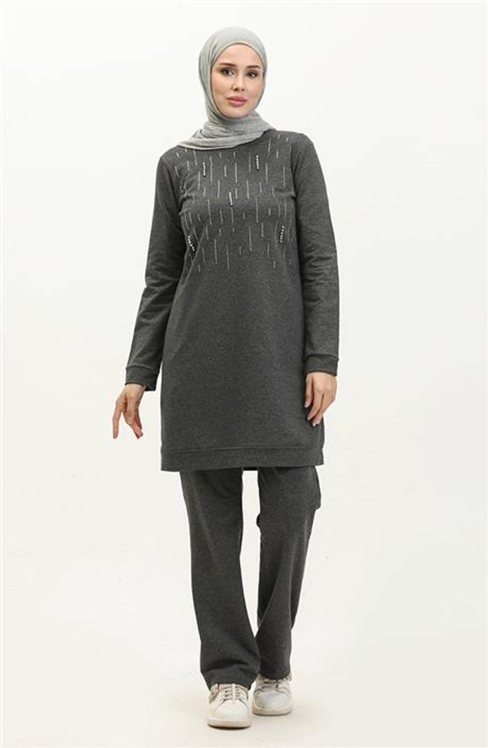 Taşlı Çizgi Desenli Bisiklet Yaka Uzun Tunik Sade Basic Eşofman Spor Takımı - 03048.017 - Antrasit