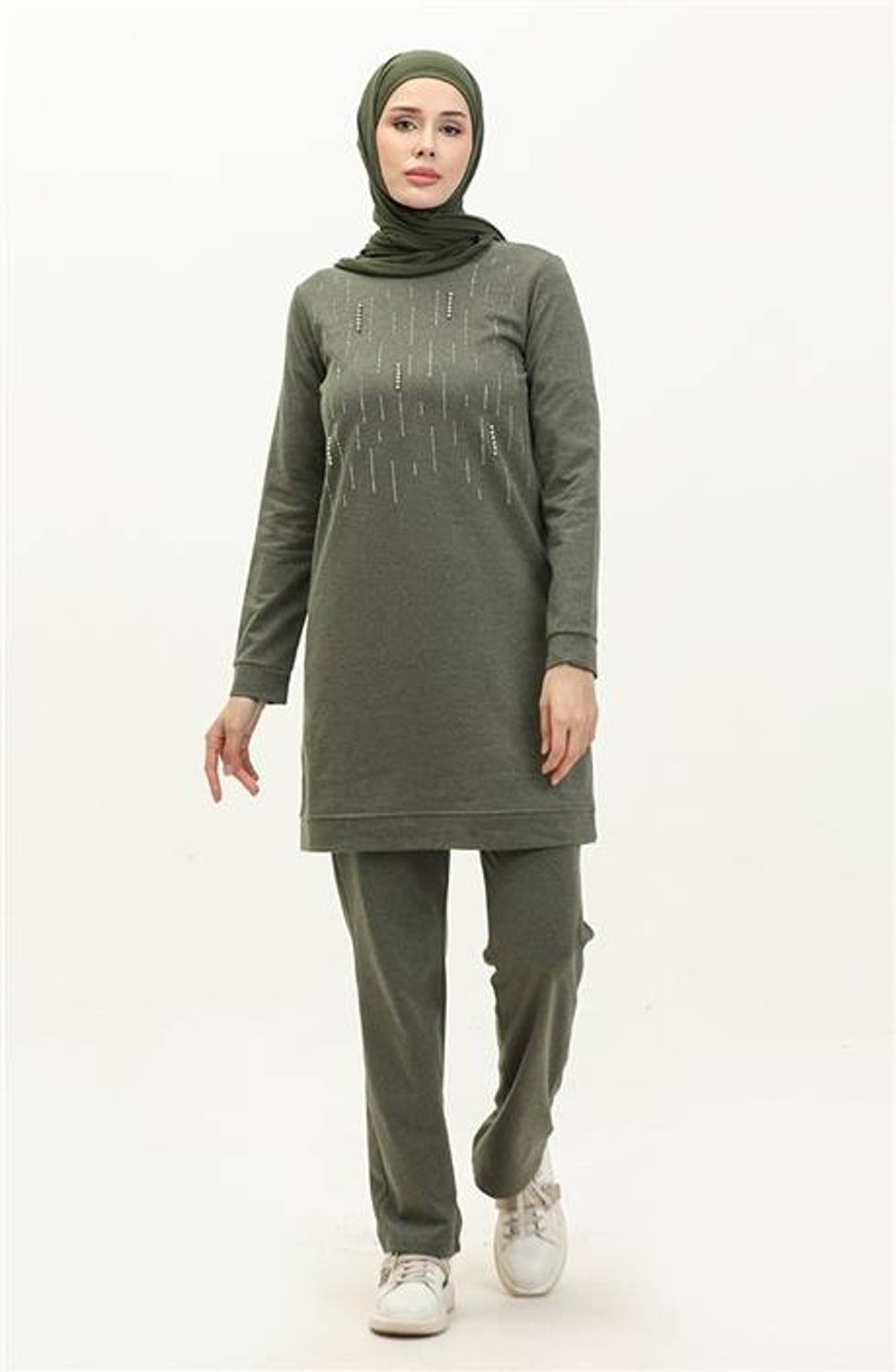 Taşlı Çizgi Desenli Bisiklet Yaka Uzun Tunik Sade Basic Eşofman Spor Takımı - 03048.005 - Haki