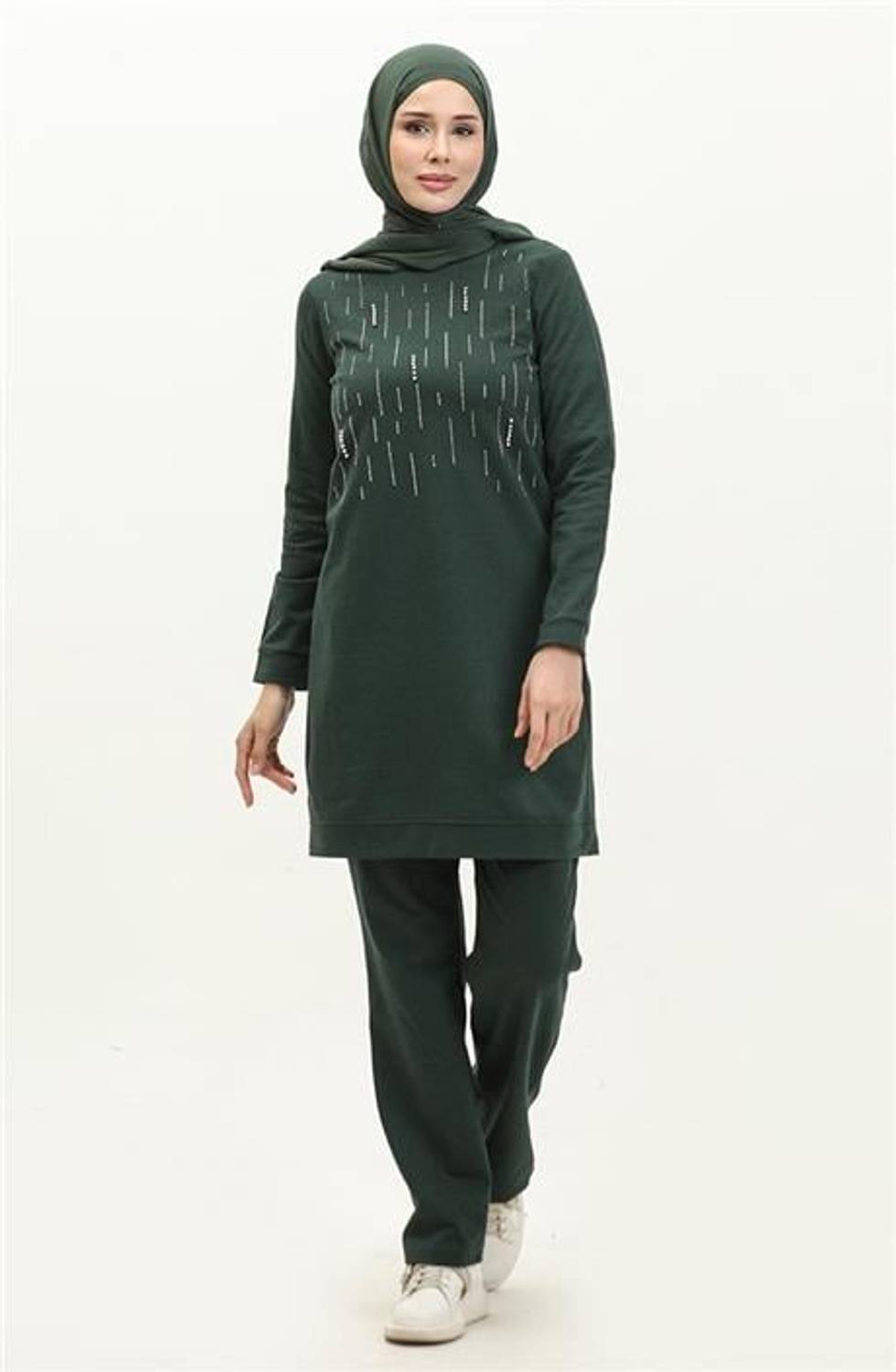 Taşlı Çizgi Desenli Bisiklet Yaka Uzun Tunik Sade Basic Eşofman Spor Takımı - 03048.021 - Nefti