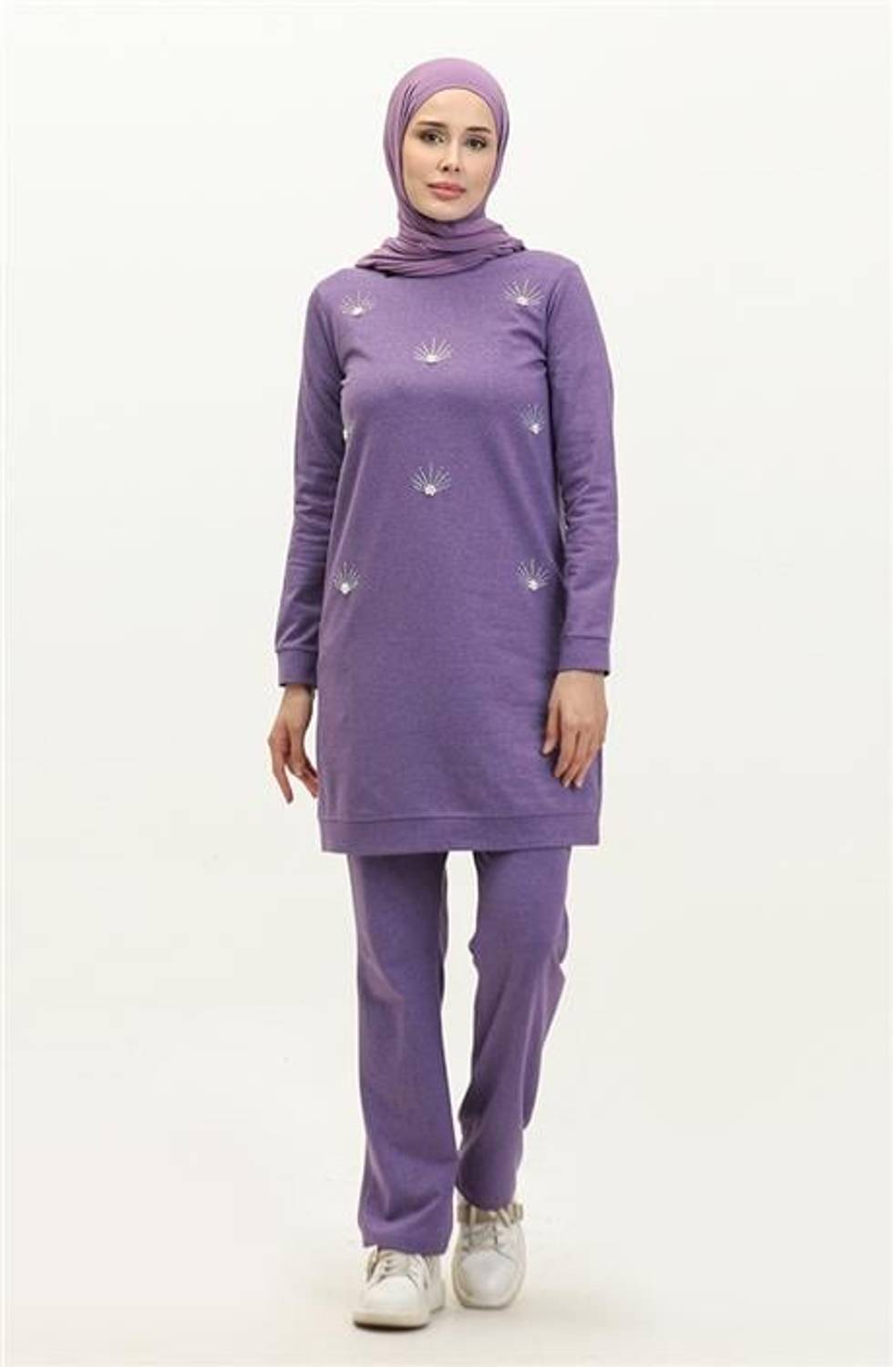 Bisiklet Yaka Uzun Tunik Pantolon Sade Basic Spor Takımı - 03050.207 - Koyu Lila