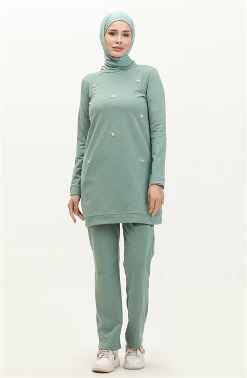 Bisiklet Yaka Uzun Tunik Pantolon Sade Basic Spor Takımı - 03050.100 - Çağla Yeşili