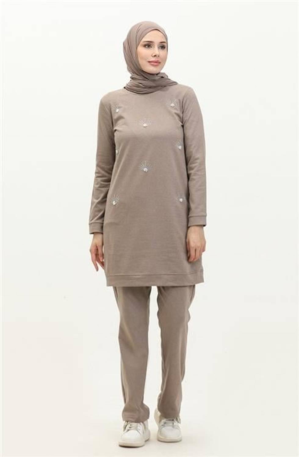 Bisiklet Yaka Uzun Tunik Pantolon Sade Basic Spor Takımı - 03050.016 - Vizon