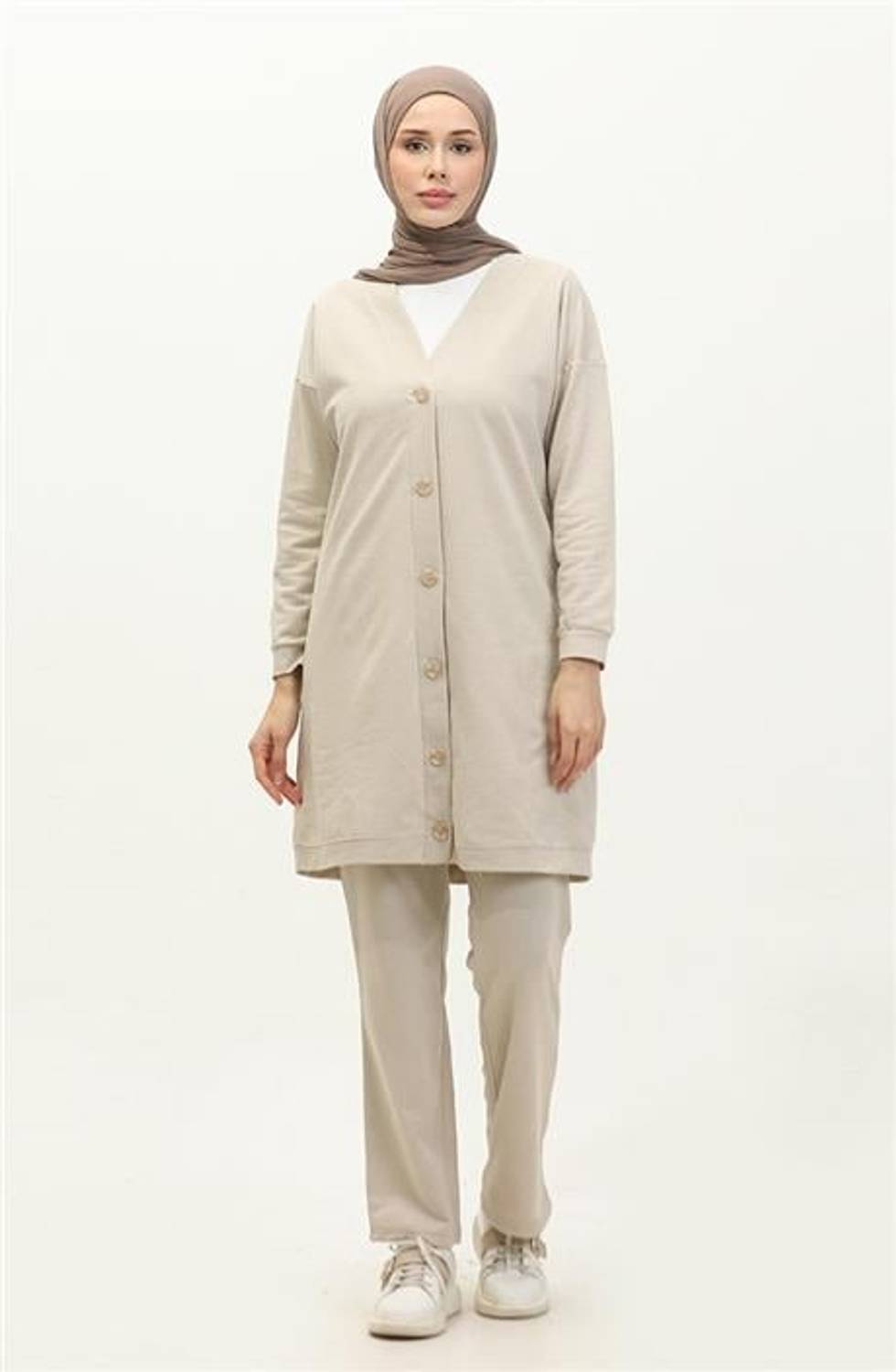 Düğmeli V Yakalı Sade Basic Eşofman Spor İkili Takım - 03051.027 - Ekru