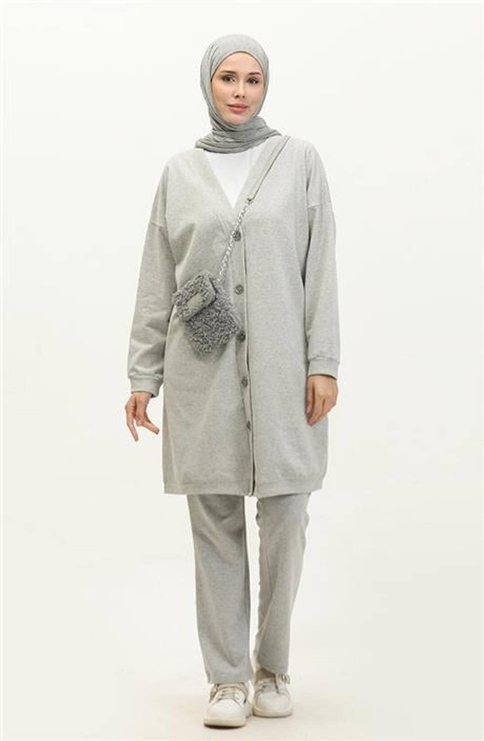 Düğmeli V Yakalı Sade Basic Eşofman Spor İkili Takım - 03051.008 - Gri