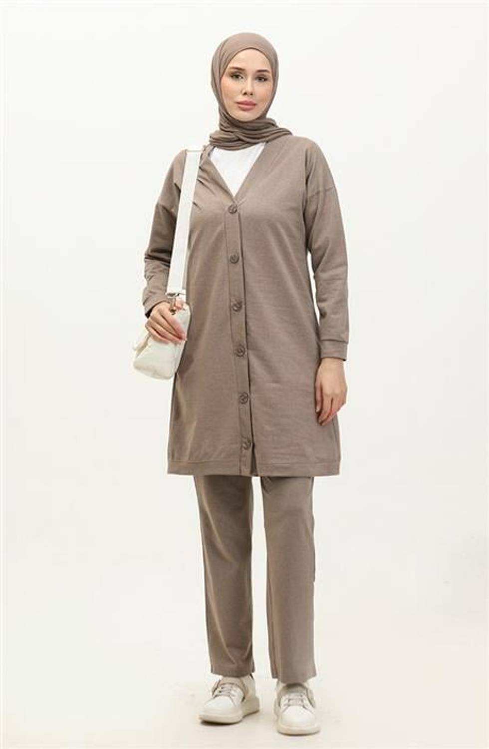 Düğmeli V Yakalı Sade Basic Eşofman Spor İkili Takım - 03051.016 - Vizon