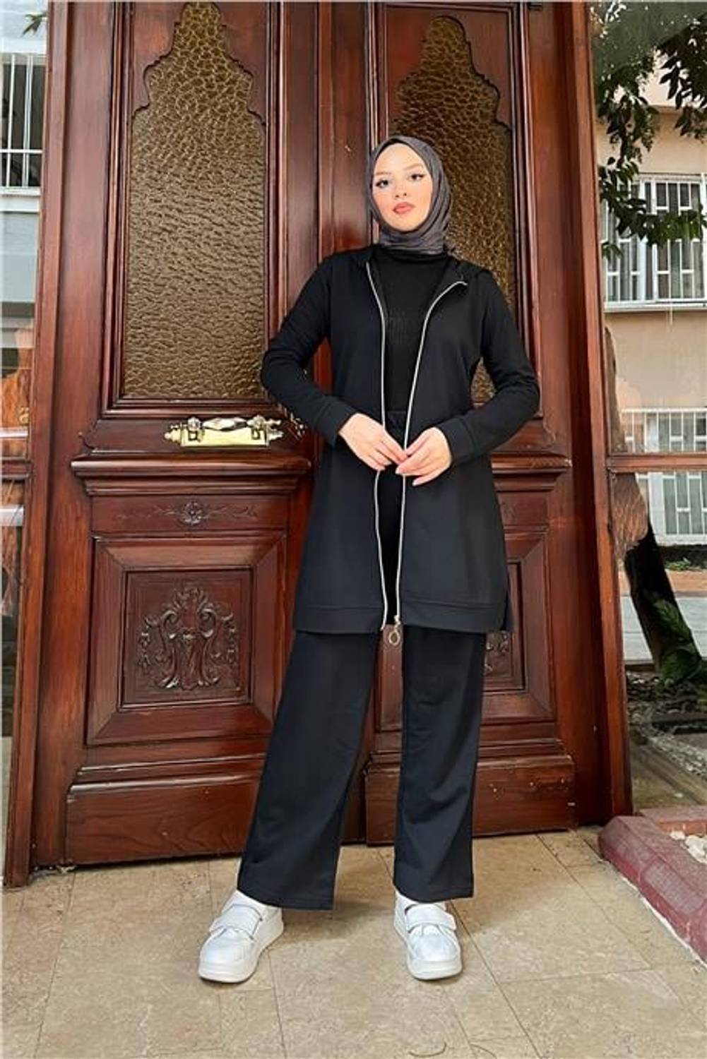 Fermuarlı Kapşonlu İkili Sade Basic Eşofman Spor Takımı - 03052.003 - Siyah