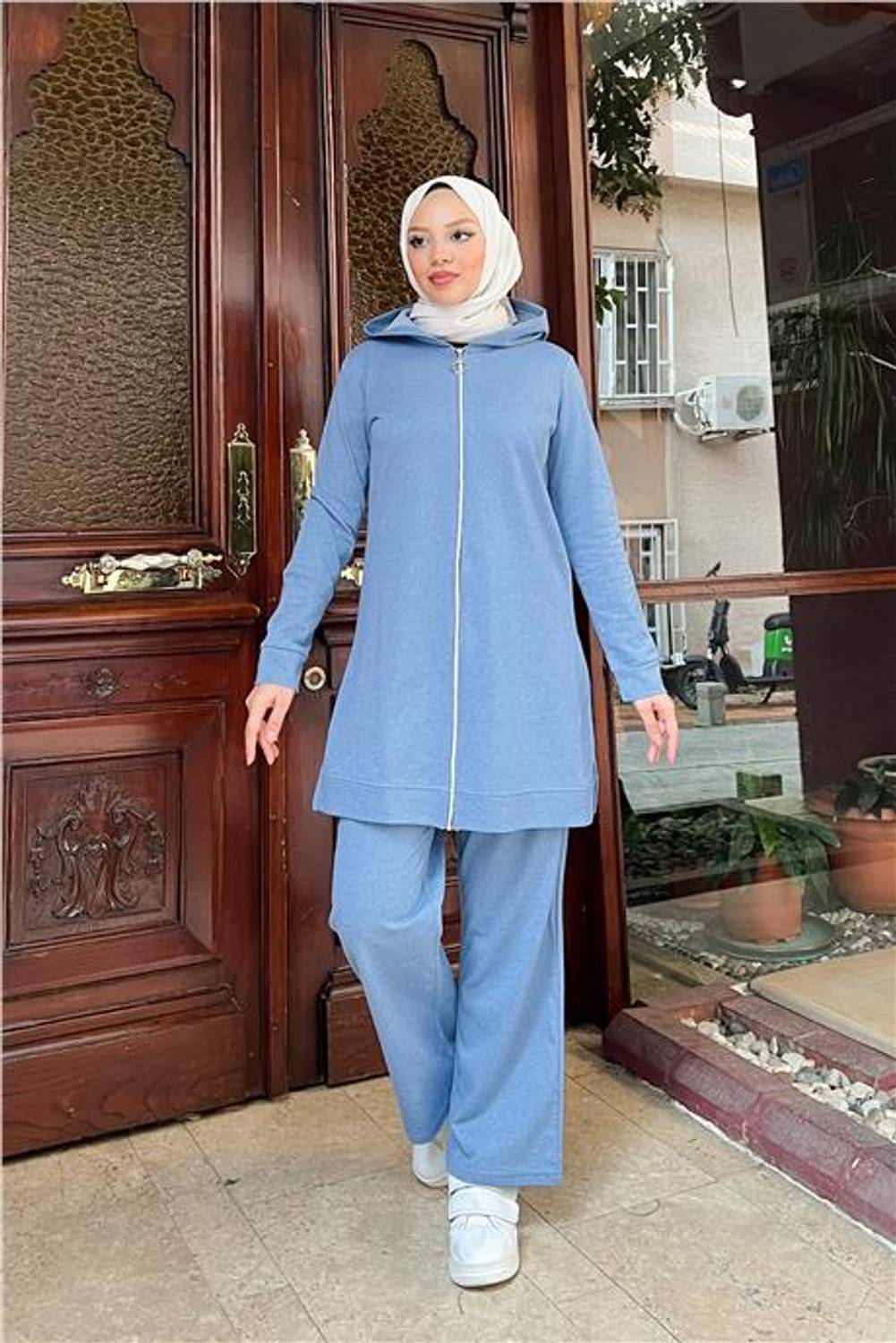 Fermuarlı Kapşonlu İkili Sade Basic Eşofman Spor Takımı - 03052.004 - Mavi