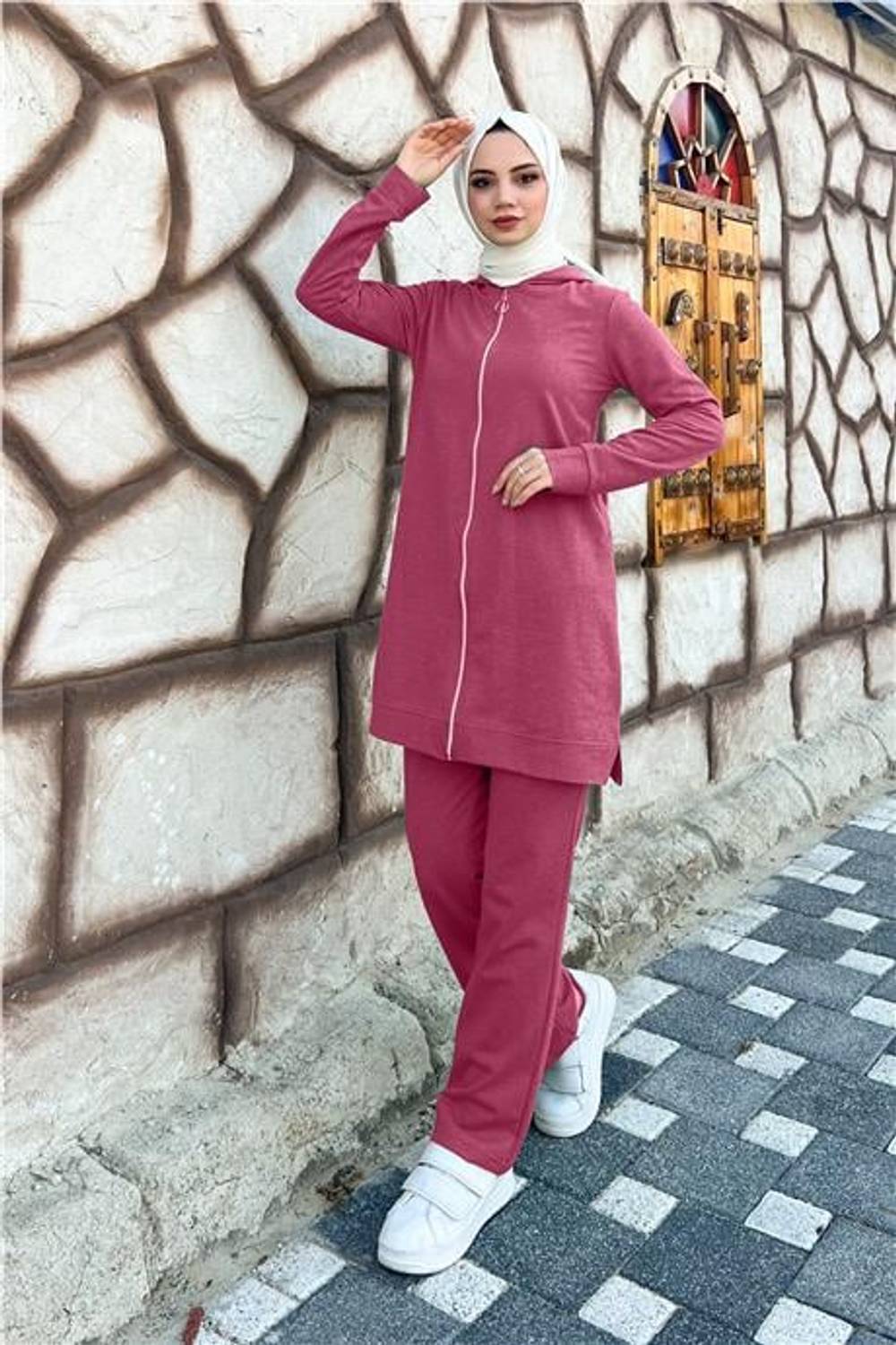 Fermuarlı Kapşonlu İkili Sade Basic Eşofman Spor Takımı - 03052.020 - Mürdüm