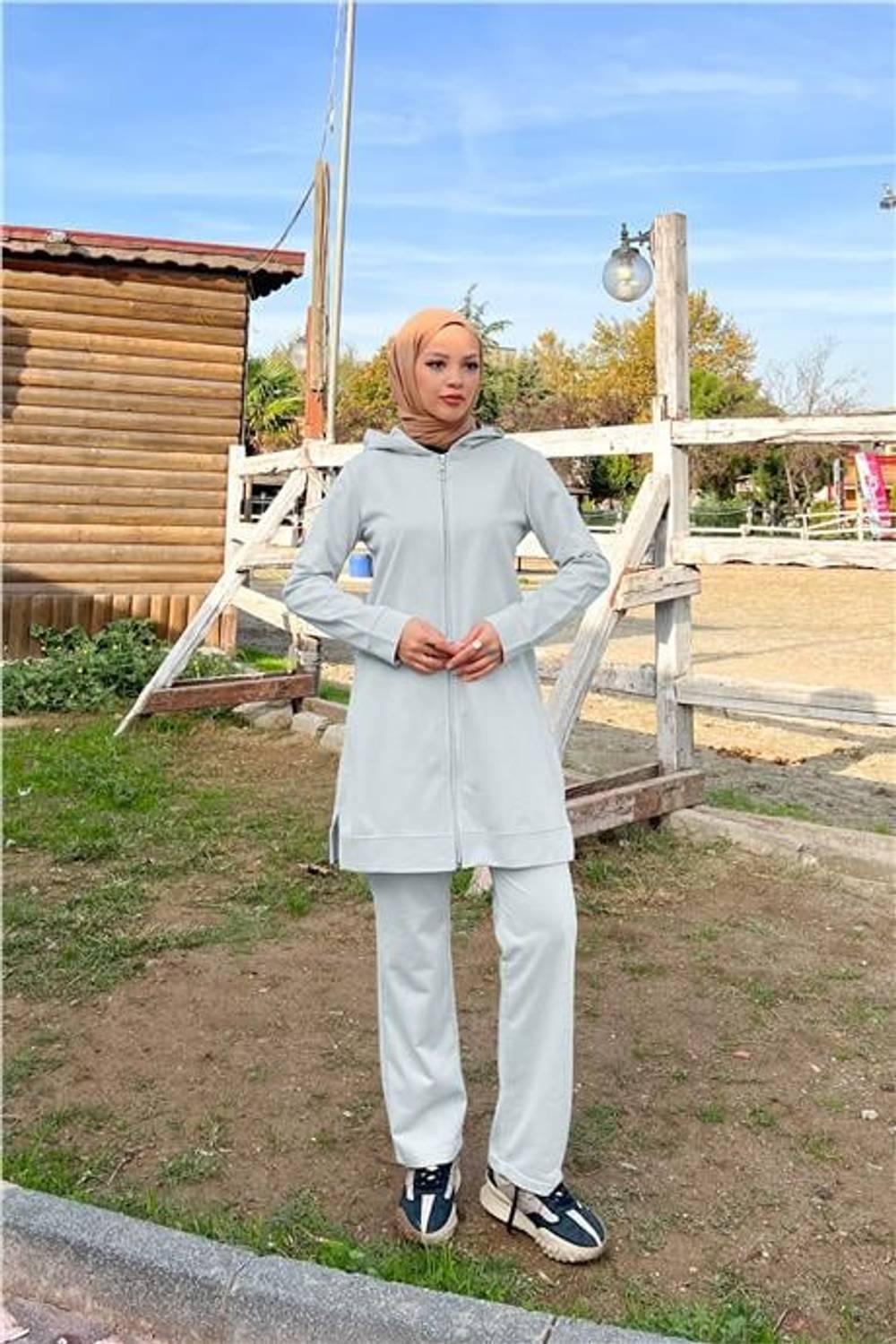 Fermuarlı Kapşonlu İkili Sade Basic Eşofman Spor Takımı - 03052.008 - Gri