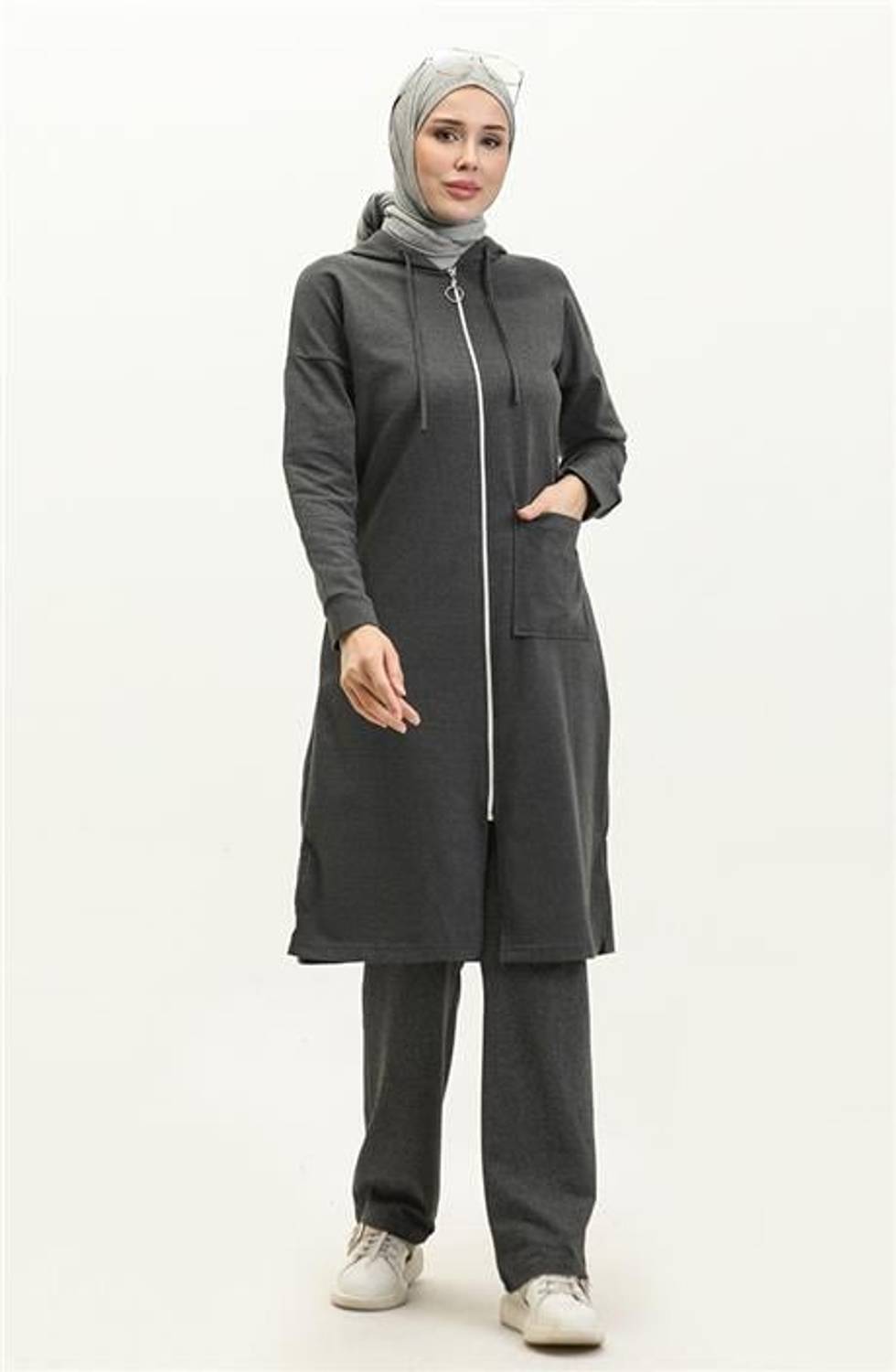 Kapşonlu Fermuarlı Yırtmaçlı Uzun Sweat Pantolon Spor İkili Takım - 03055.017 - Antrasit