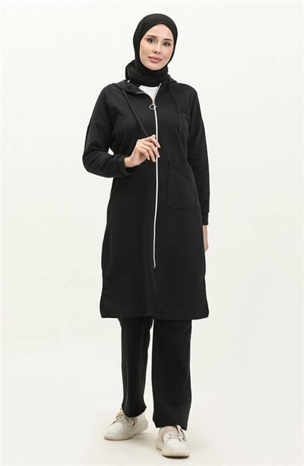 Kapşonlu Fermuarlı Yırtmaçlı Uzun Sweat Pantolon Spor İkili Takım - 03055.003 - Siyah