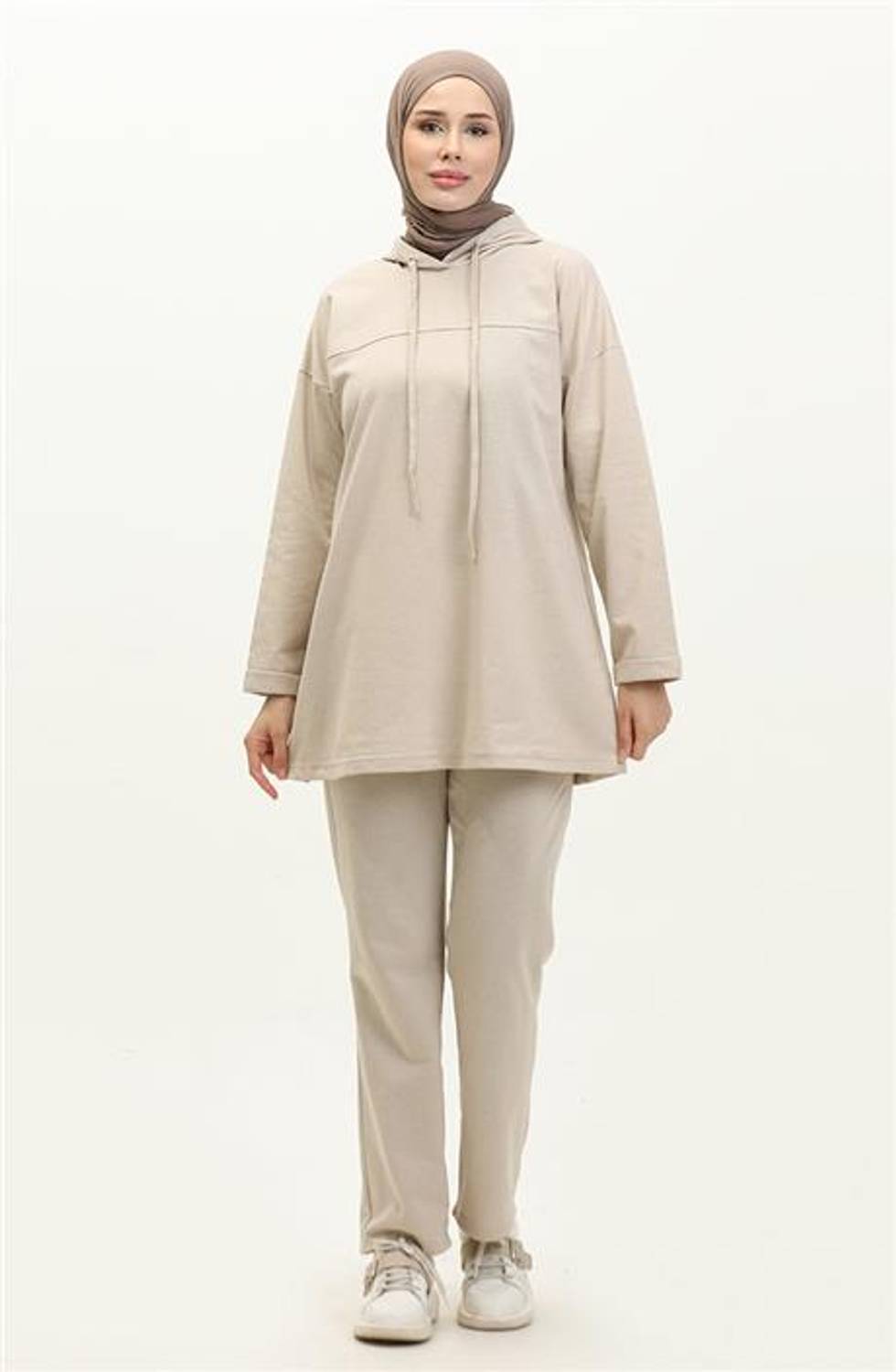 Kapşonlu Sweat Eşofman Sade Basic Spor Takım - 03056.027 - Ekru