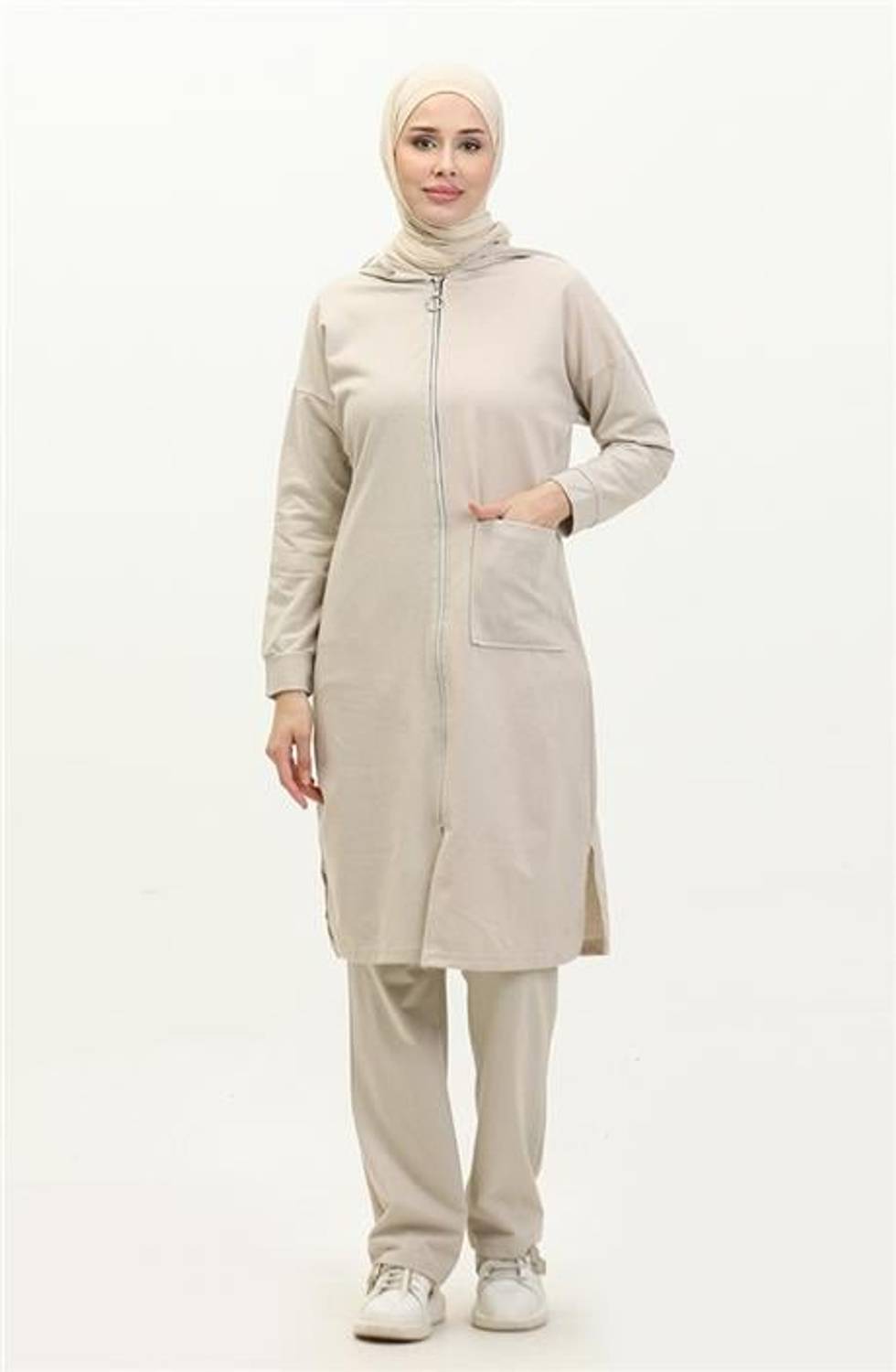 Kapşonlu Fermuarlı Yırtmaçlı Uzun Sweat Pantolon Spor İkili Takım - 03055.027 - Ekru