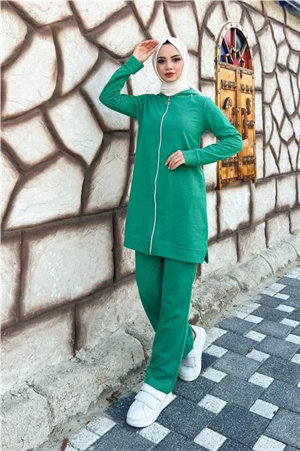 Fermuarlı Kapşonlu İkili Sade Basic Eşofman Spor Takımı - 03052.111 - Benetton Yeşil