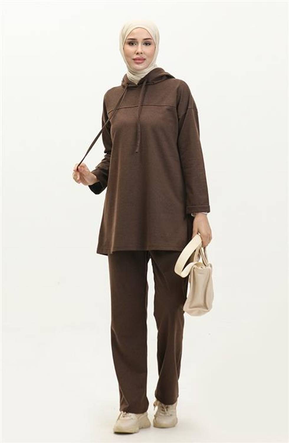 Kapşonlu Sweat Eşofman Sade Basic Spor Takım - 03056.028 - Kahverengi