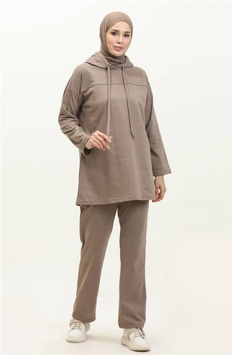 Kapşonlu Sweat Eşofman Sade Basic Spor Takım - 03056.016 - Vizon