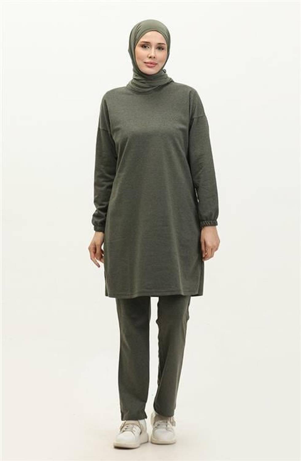 Yırtmaçlı Bisiklet Yaka Sade Basic Eşofman Spor İkili Takım - 03060.005 - Haki