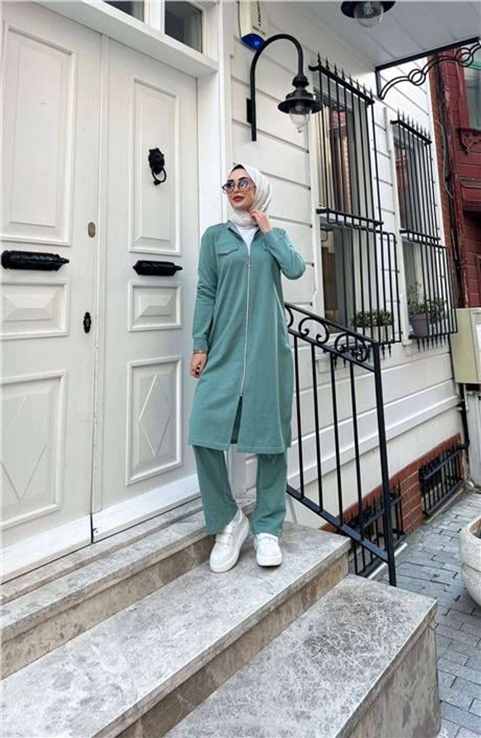 Fermuarlı Uzun Tunik Pantolon Spor İkili Takım - 03058.100 - Çağla Yeşili