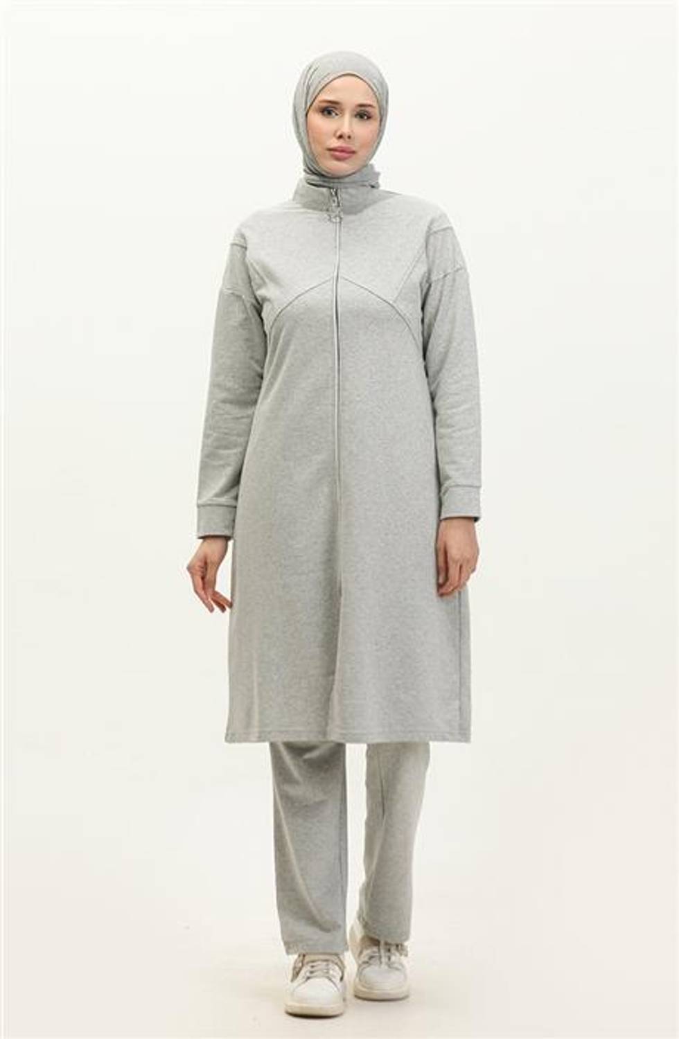 Göğüsten Detaylı Fermuarlı Sade Basic Eşofman Spor İkili Takım - 03063.008 - Gri