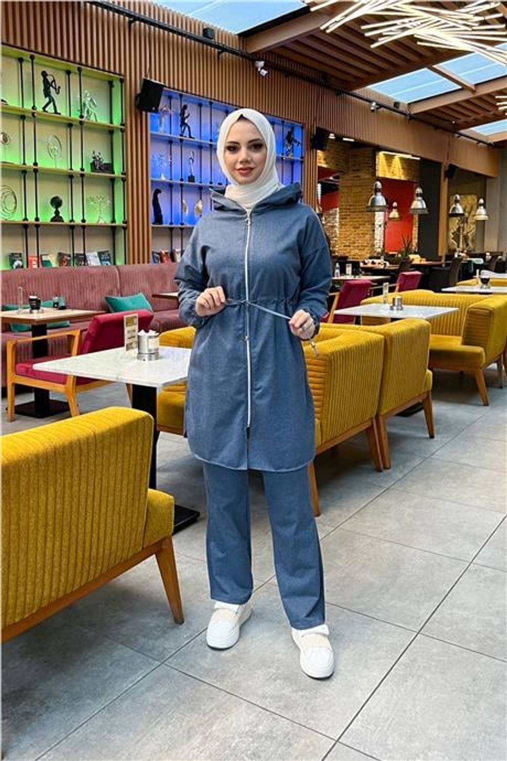 Kapşonlu Fermuarlı Belden Bağlamalı Sade Basic İkili Spor Takımı - 03070.006 - İndigo