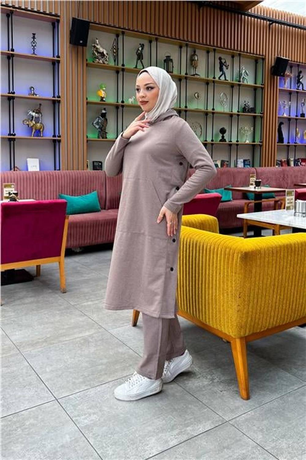 Kapşonlu Yandat Çıtçıtlı Sade Basic Uzun Tunik ve Pantolon İkili Spor Takım - 03071.016 - Vizon