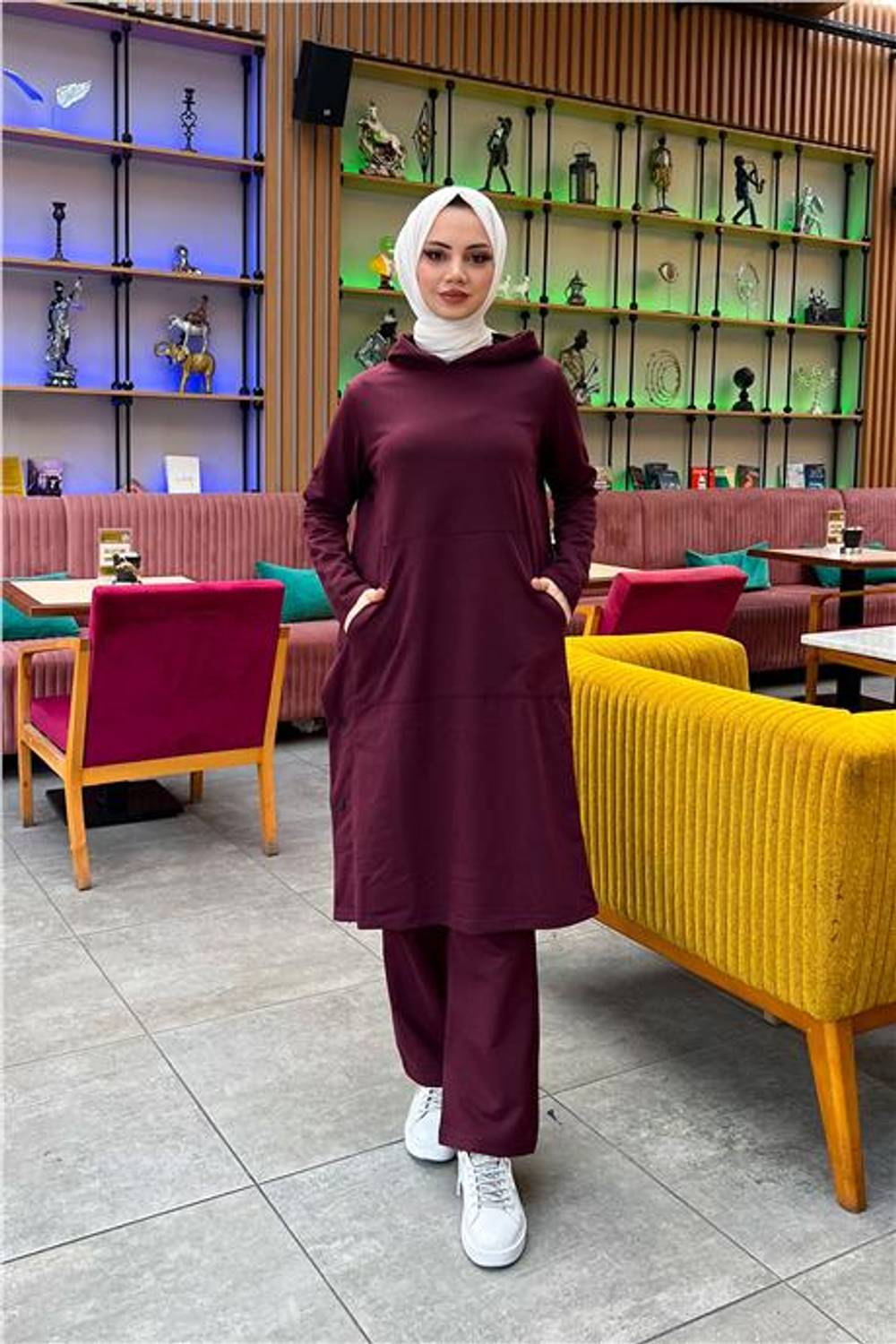 Kapşonlu Yandat Çıtçıtlı Sade Basic Uzun Tunik ve Pantolon İkili Spor Takım - 03071.020 - Mürdüm