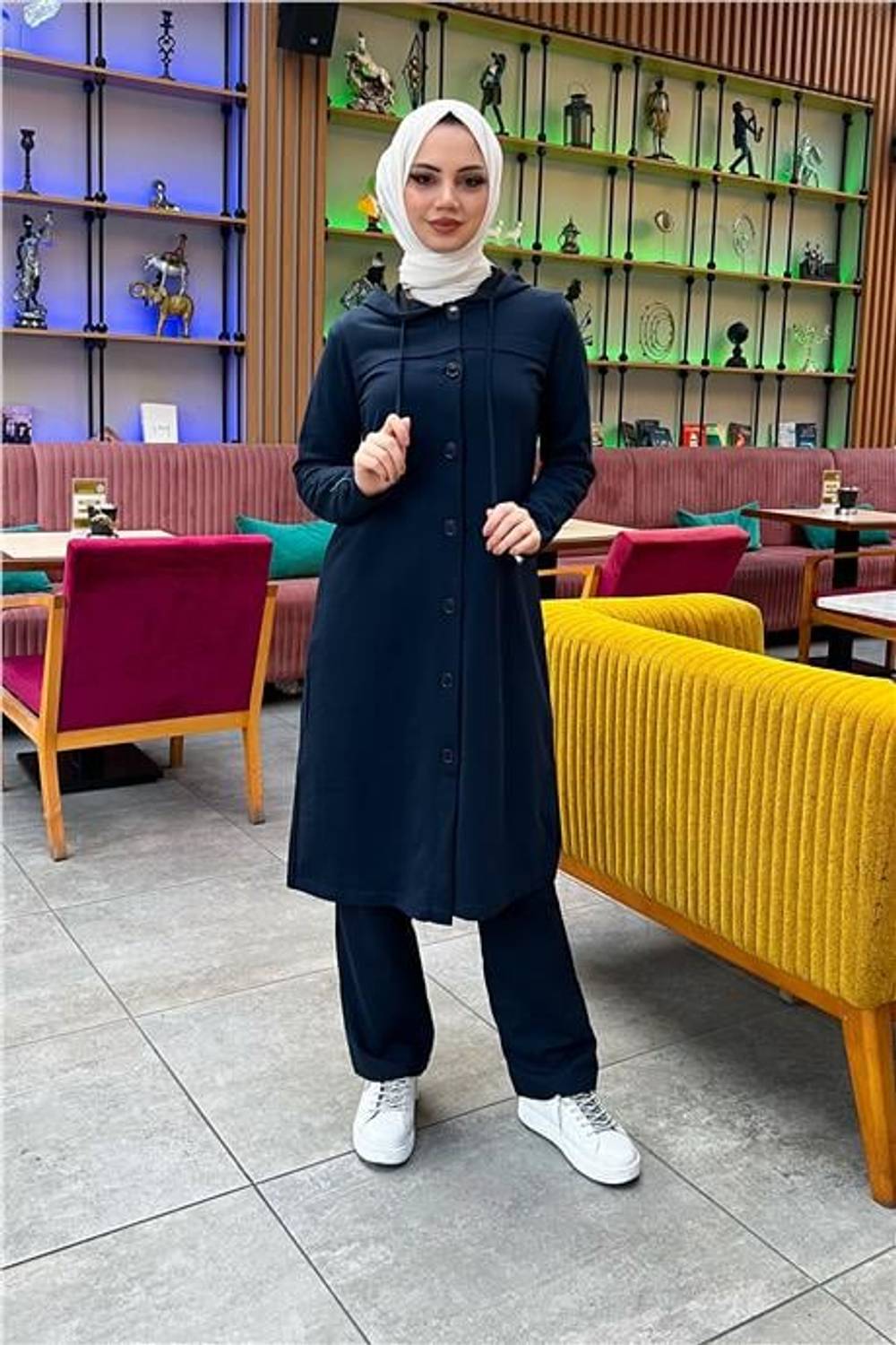 Kapşonlu Düğmeli Sade Basic Uzun Tunik ve Pantolon İkili Spor Takım - 03072.015 - Lacivert