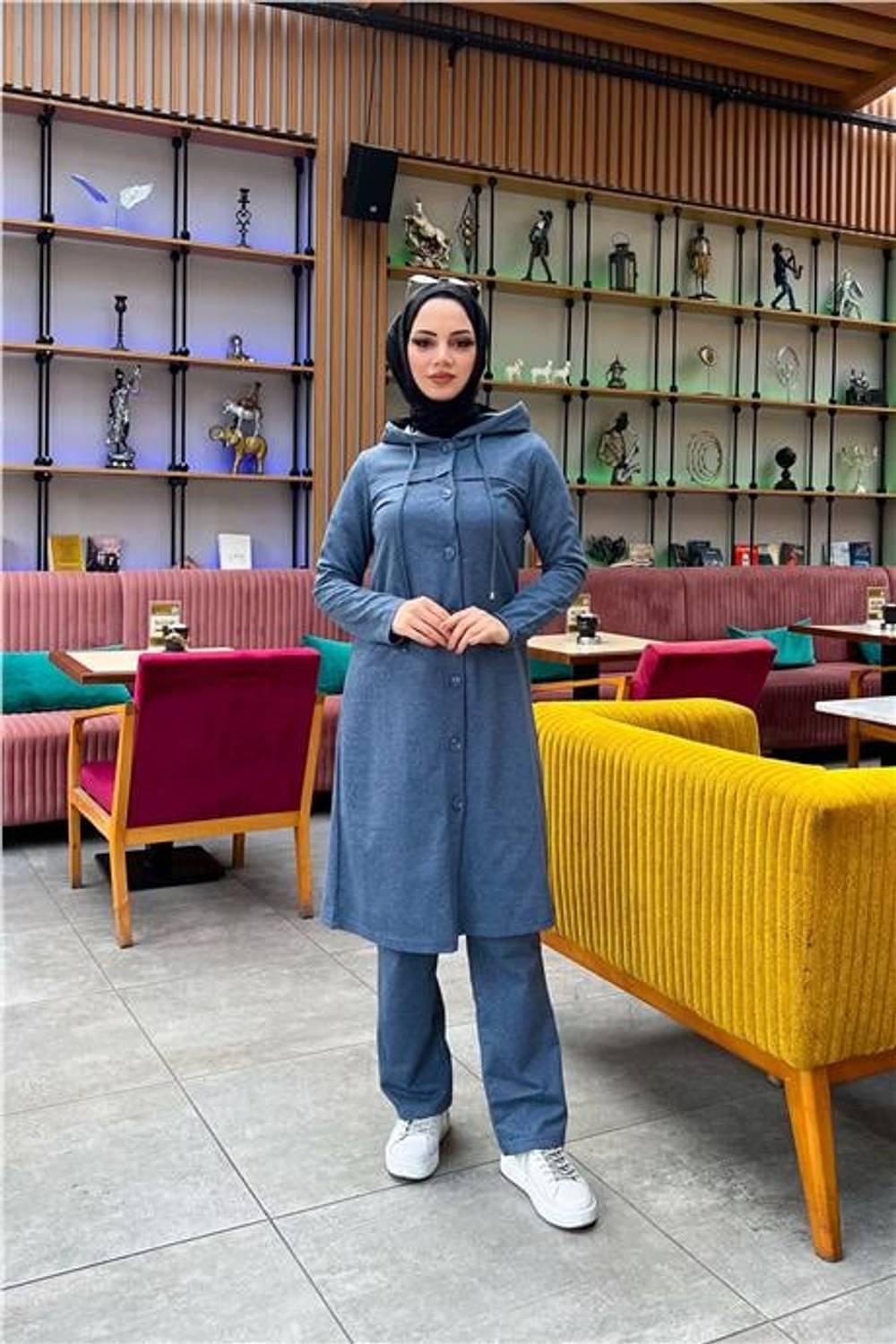 Kapşonlu Düğmeli Sade Basic Uzun Tunik ve Pantolon İkili Spor Takım - 03072.006 - İndigo