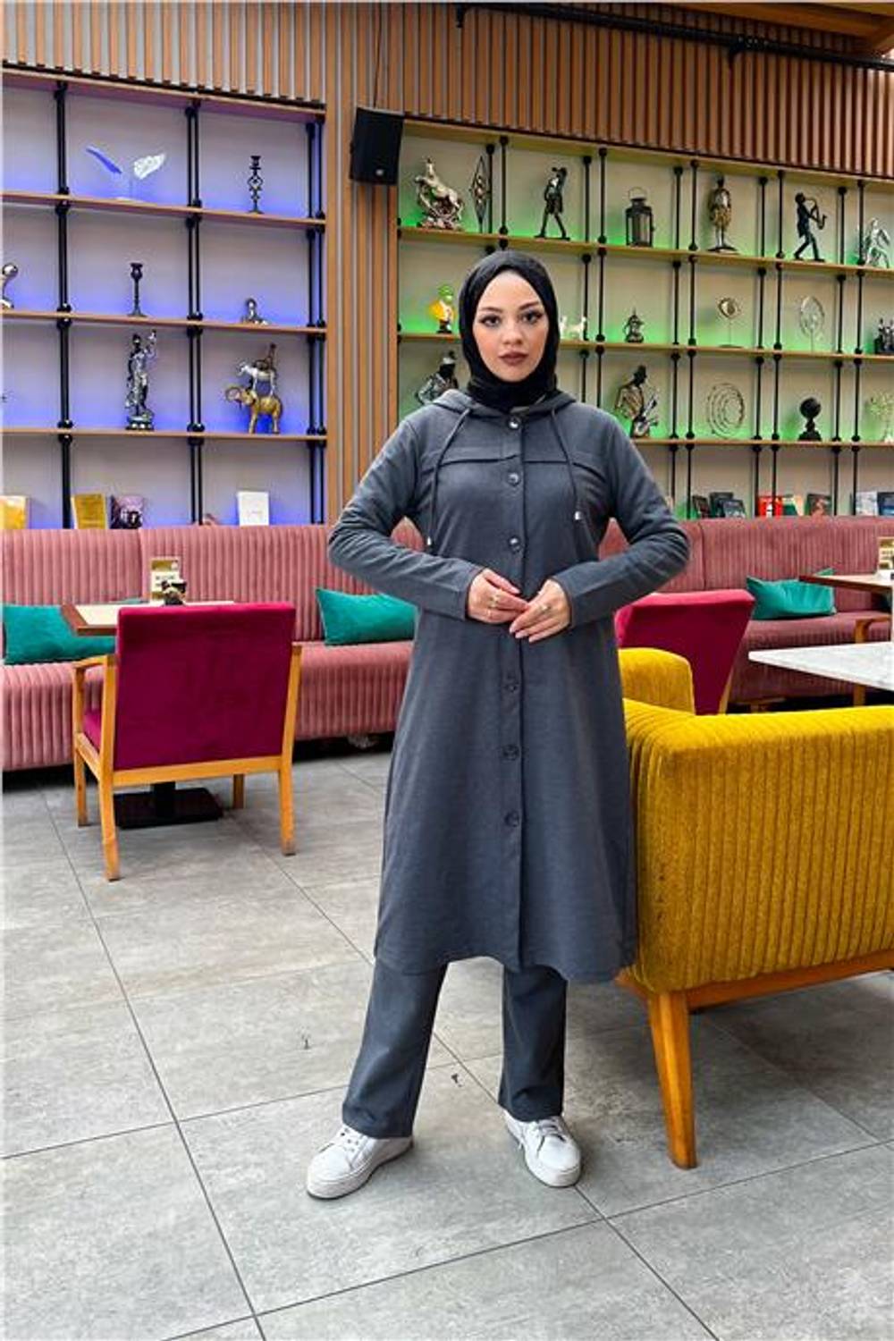 Kapşonlu Düğmeli Sade Basic Uzun Tunik ve Pantolon İkili Spor Takım - 03072.017 - Antrasit