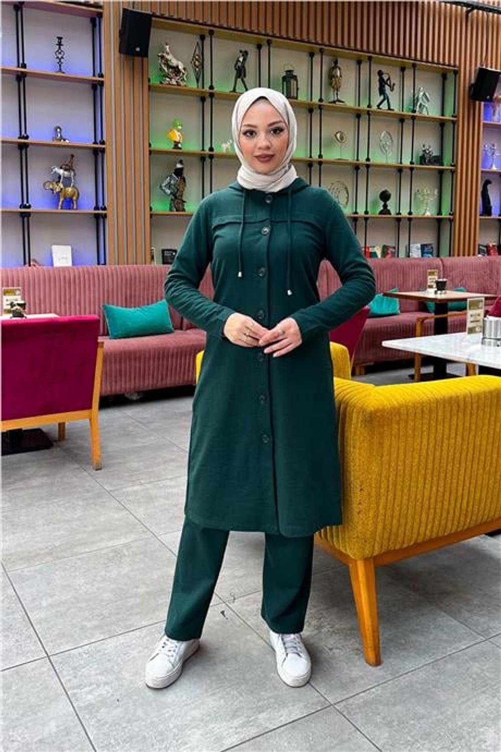 Kapşonlu Düğmeli Sade Basic Uzun Tunik ve Pantolon İkili Spor Takım - 03072.021 - Nefti