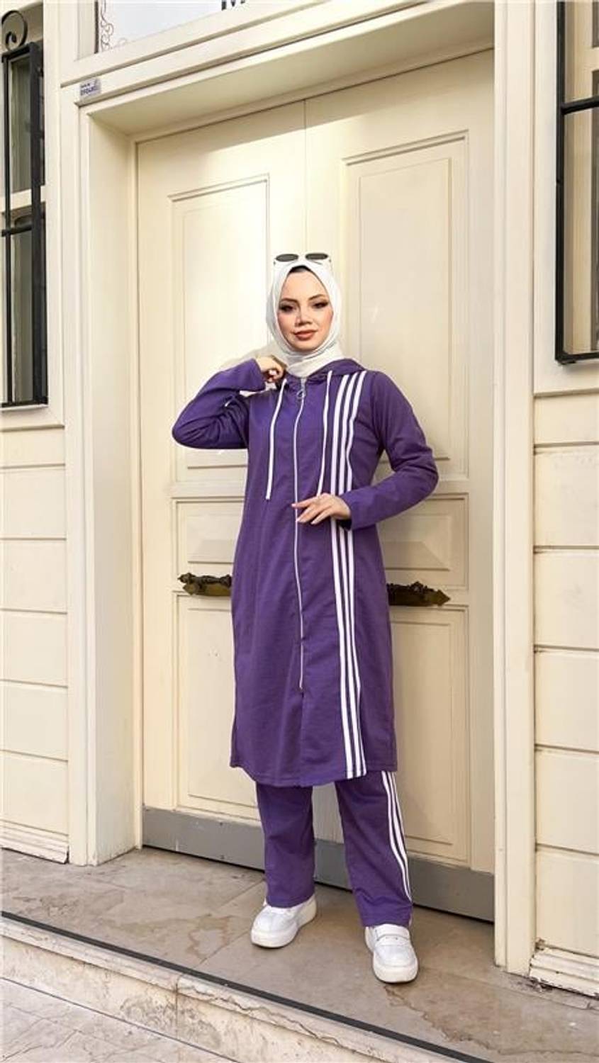 Двоколірний комплект з капюшоном, довга туніка та штани, темно-фіолетовий, розміри 40-48