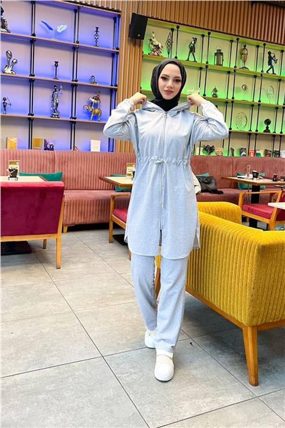 Kapşonlu Fermuarlı Belden Bağlamalı Sade Basic İkili Spor Takımı - 03070.008 - Gri