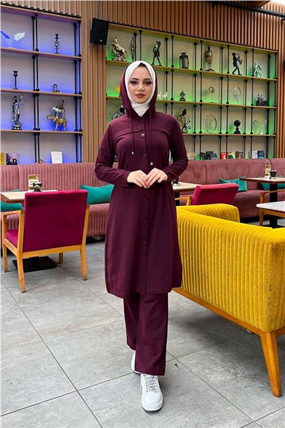 Kapşonlu Düğmeli Sade Basic Uzun Tunik ve Pantolon İkili Spor Takım - 03072.020 - Mürdüm