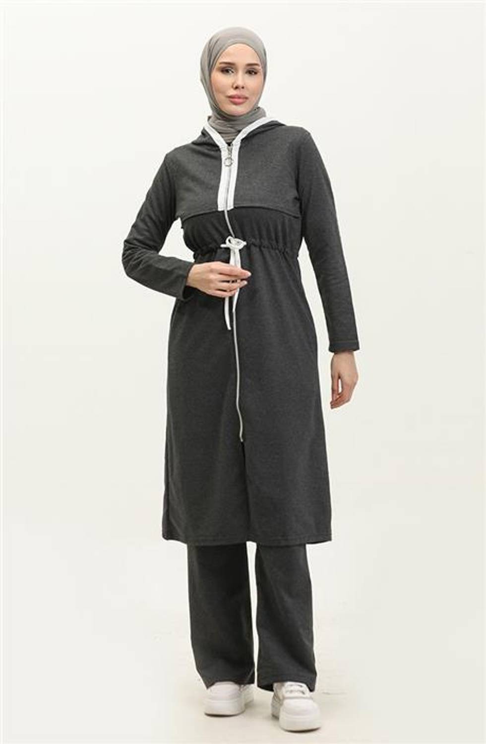 Kapşonlu Fermuarlı Belden Beyaz Bağcıklı Sade Basic İkili Spor Takımı - 03074.017 - Antrasit