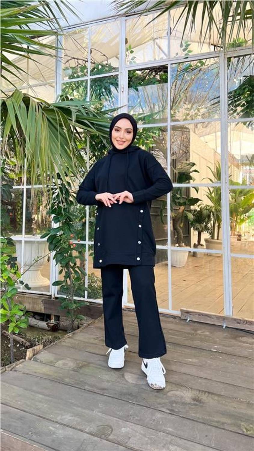 Kapşonlu Çıtçıt Detaylı Kısa Sweat Pantolon İkili Tesettür Eşofman Takımı - 03079.003 - Siyah