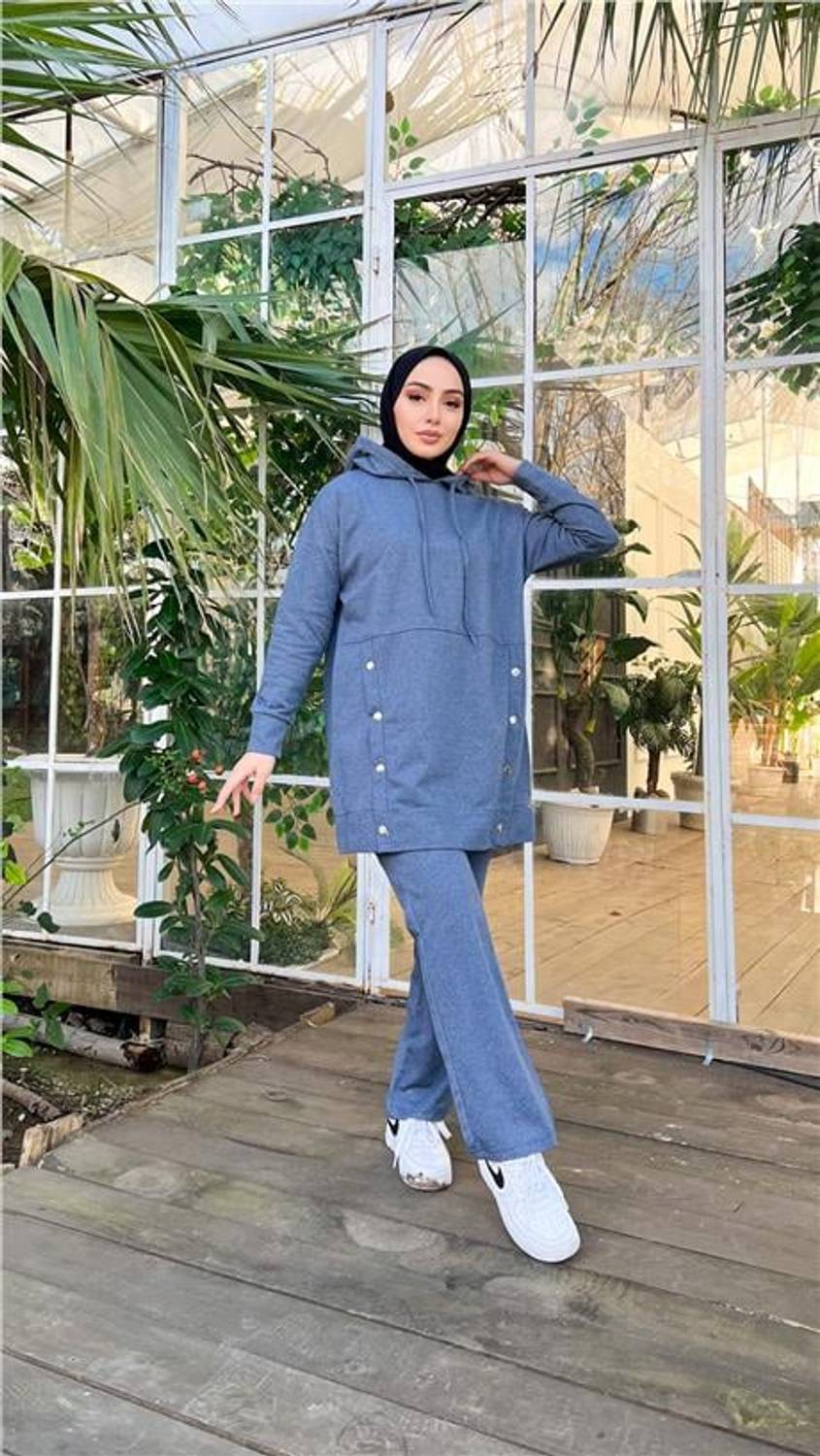 Kapşonlu Çıtçıt Detaylı Kısa Sweat Pantolon İkili Tesettür Eşofman Takımı - 03079.006 - İndigo