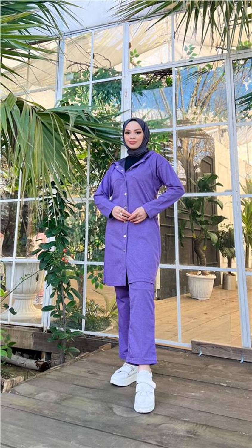 Комплект з капюшоном, довгий тунік та штани, темно-фіолетовий, 44-46 розміри, стильний комбінований одяг для зимового сезону