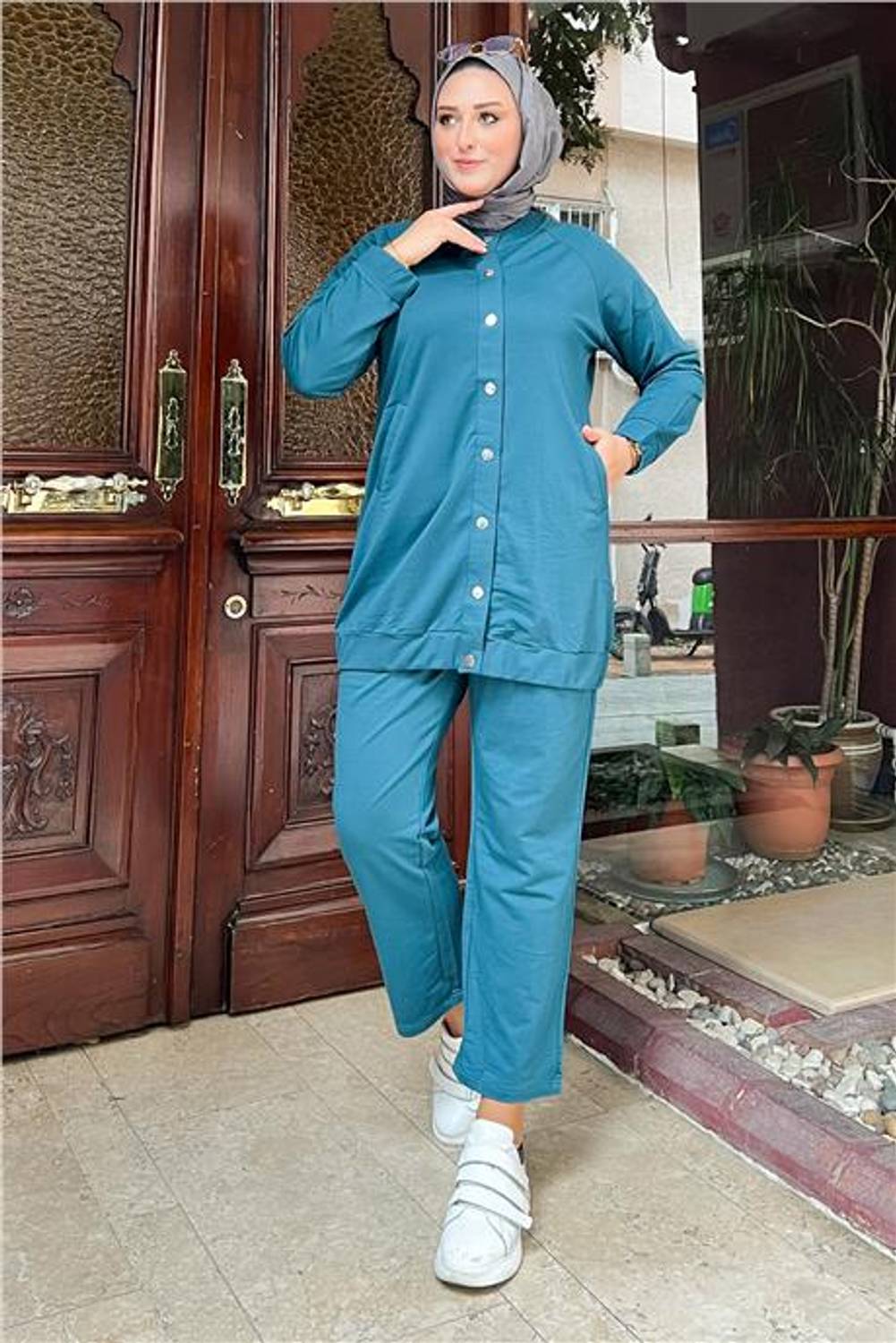 Çıtçıtlı Yandan Cepli İkili Sade Basic Eşofman Spor Takımı - 12009.033 - Petrol