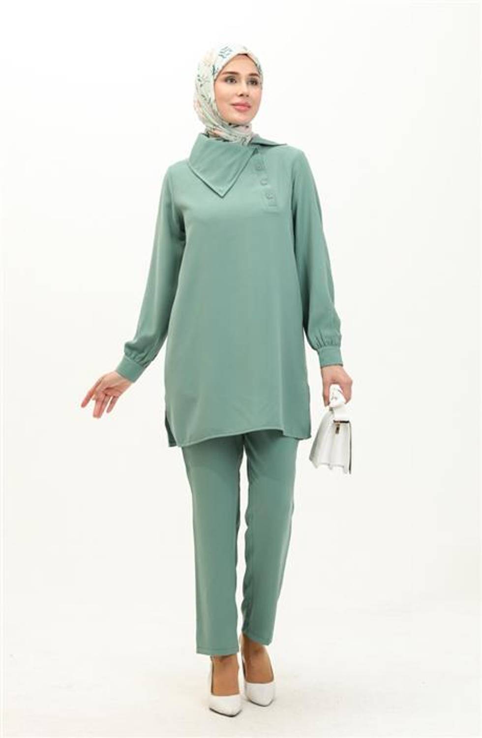 Mucize Yaka Detaylı Tunik Pantolon Sade Basic İkili Takım - 70038.100 - Çağla Yeşili