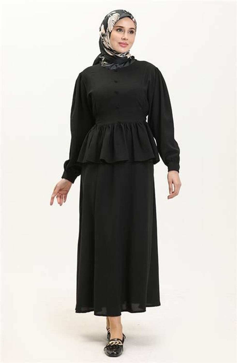 Büzgü Detaylı Önden Bağlamalı Tunik Etek Sade Basic İkili Takım - 70018.003 - Siyah